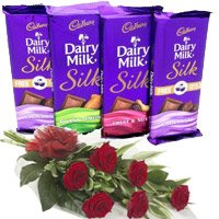 Online Anniversary Gift Shops in Mumbai : Send 4 Cadbury Dairy Milk Silk Chocolates to Mumbai with 6 Red Roses