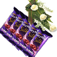 Order 5 Cadbury Silk Bubbly Chocolate With 3 White Roses Flowers in Mumbai
