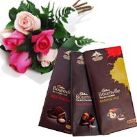 Deliver 3 Bournville Chocolates With 6 Red Pink Roses and Rakhi Gifts to Mumbai