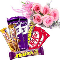 Send Twin Five Star, Dairy Milk, Munch, Kitkat Chocolates with 5 Pink Rose Flowers to Mumbai