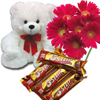 Send Anniversary Gift of 6 Red Gerbera, 6 Inch Teddy Bear and 4 Five Star Chocolates to Mumbai