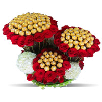 Send Gifts for Your Best Friend that is 96 Pcs Ferrero Rocher 200 Red White Roses Bouquet in Mumbai on Friendship Day