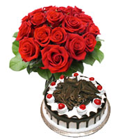 Deliver Diwali Flowers in Mumbai including 1/2 Kg Black Forest Cake 12 Red Roses Bouquet