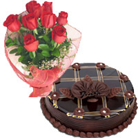 Send Cake for Friend. 1 Kg Chocolate Cake 12 Red Roses Bouquet to Mumbai 