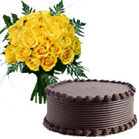 Send Cake for Friendship. 1/2 Kg Chocolate Cake with 18 Yellow Roses Bouquet to Mumbai 