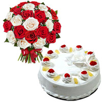 Send Online 1 Kg Pineapple Cake 24 Red White Roses Bouquet to Mumbai on Friendship Day
