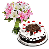 Friendship Day Flowers of 6 Pink White Lily Stem 1/2 Kg Black Forest Cake to Mumbai