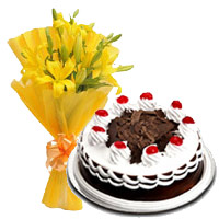 Send Friendship Day Flowers 3 Yellow Lily 1/2 Kg Black Forest Cake to Mumbai