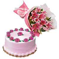 Place order for New Year Flowers to Mumbai to send 5 Pink Lily Bouquet 1/2 Kg Strawberry Cake in Panvel