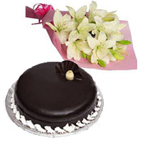 Send 6 White Lily Bouquet 1 Kg Chocolate Truffle Cake as Diwali Gifts to Mumbai