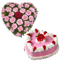 Get Rakhi with 36 Pink Carnation Flowers in Heart Shape and 1 Kg Heart Strawberry. Rakhi Flowers to Mumbai