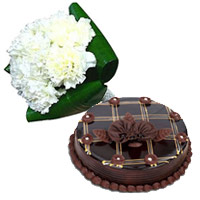 Order Diwali Gifts to Mumbai made up of 12 White Carnation, 1 Kg Chocolate Cake