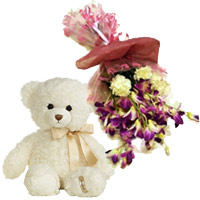 6 Purple Orchids 6 Yellow Carnations Bunch 6 Inch Teddy in Akola deliver with New Year Gifts to Akola