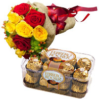 Bhaidooj Flower Delivery in Mumbai including 12 Red Yellow Roses Bunch 16 Pcs Ferrero Rocher chocolate