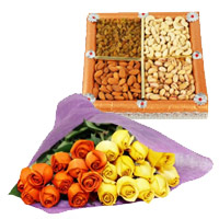 Send Christmas Flowers Bouquet in Mumbai made up of 24 Orange Yellow Roses Bunch 1/2 Kg Dry Fruits to Mumbai