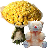 6 Inch Teddy Bear and 50 Yellow Rose Bunch along with New Year Soft Toys in Mumbai