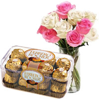 Deliver 10 Pink White Roses Vase 16 Pcs Ferrero Rocher Chocolates on Rakhi to Mumbai
