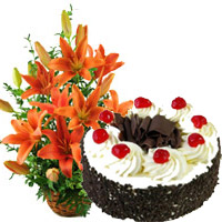 Order 12 Orange Lily Arrangement 1 Kg Black Forest Cake to Mumbai 