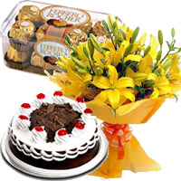 Send Rakhi Gifts to Mumbai with 12 Yellow Lily with 1/2 Kg Black Forest Cake and 16 Pcs Ferrero Rocher