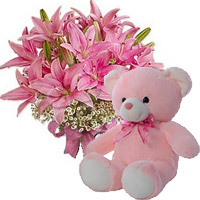 Diwali Gifts Delivery in Mumbai consisting 6 Oriental Pink Lily, 6 Inch Teddy Bear Mumbai
