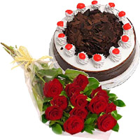 Send Online 12 Red Roses 1/2 Kg Eggless Black Forest Cake to Mumbai