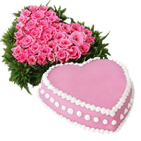 Deliver New Year Cakes in Mumbai 36 Pink Roses Heart with 1 Kg Eggless Strawberry Cakes to Mumbai