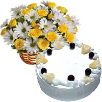 Send 30 White Gerbera Yellow Roses Basket with 1 Kg Eggless Pineapple Cake in Mumbai on Diwali