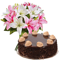 Send Combination of 6 Pink White Lily flowers to Mumbai with 1 Kg Chocolate Cake From 5 Star Hotel on Friendship Day