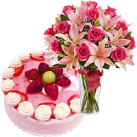 Order Happy Friendship Day Cakes to Mumbai. 4 Pink Lily 15 Rose Vase 1 Kg Strawberry Cake From 5 Star Hotel 