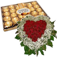 Send 50 Red Roses White Daisies Heart with 24 pcs Ferrero Rocher Chocolate to Mumbai