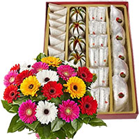Send 500 gm Assorted Kaju Sweets with 12 Mix Gerbera Flowers to Mumbai