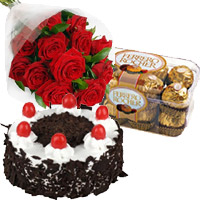 Deliver 12 Red Roses with 1 Kg Cake and 16 pcs Ferrero Rocher Chocolates and Rakhi Gifts to Mumbai