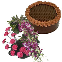 Send New Year Chocolates Online in Nagpur with 6 Orchid 12 Pink Carnation, 1 Kg 5 Star Chocolate Cake in Mumbai