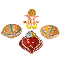 Send Diwali Gifts to Mumbai add up to Ganesh in Marvel with 3 Big Handcrafted Diya to Thane