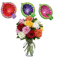 Online Diwali Gifts to Akola along with 3 Handcrafted Diyas with 12 Mix Rose in Vase to Mumbai