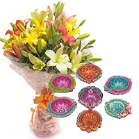 Order Diwali Gifts in Mumbai including 6 Mix Lily Bouquet with 7 Handcrafted Diya in Nashik