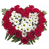 New Year Flowers to Mumbai. White Gerbera Red Roses Heart 50 Flowers in Mumbai