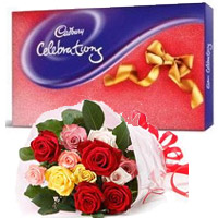 Christmas Gifts in Mumbai that include 12 Mix Roses Bouquet with Cadbury Celeberation Pack