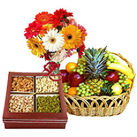 Send Gifts to Mumbai, including Bunch of 12 Mix Gerberas with 3 kg Fresh fruit Basket and 0.5 kg Mixed Dry fruits to Mumbai