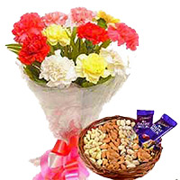 Gifts in Mumbai. Send 12 Mixed Flowers Bouquet with 1/2 Kg Assorted Dry Fruits to Mumbai and 2 Dairy Milk Chocolates