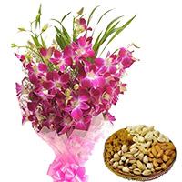 Order 12 Orchid Stem Flower Bouquet with 500 gm Assorted Dry Fruits, Send Gifts to Mumbai