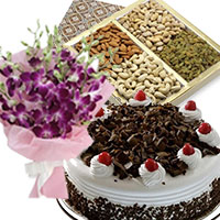 Send Diwali Dry Fruits to Mumbai. Send 5 Purple Orchids Bunch 1/2 Kg Black Forest Cake with 500 gm Mix Dry Fruits Online to Mumbai