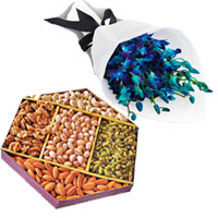 Buy New Year Gifts to Pune consist of Blue Orchid Bunch 10 Flowers Stem with 1/2 Kg Mix Dry Fruits to Ahmednagar