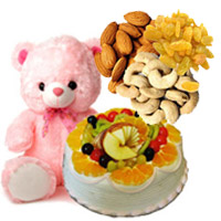 Send 12 Inch Teddy 1 Kg Eggless Fruit Cake 5 Star Bakery with 500 gm Assorted Dry Fruits for your Friend on Friendship Day