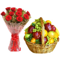 Send Friendship Day Gift of 12 Red Roses Bouquet with 2 Kg Mix Fresh Fruits in Mumbai