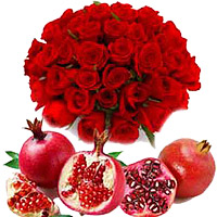 Send 50 Red Roses Bouquet to Mumbai with 1 Kg Fresh Fruit Promegranate, Friendship Day Gifts Online to Mumbai