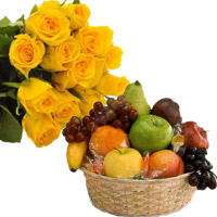 Send Anniversary Gifts to Mumbai Online Contsist of 12 Yellow Roses Bunch with 1 Kg Fresh Fruits Basket