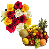 Order 12 Mix Roses Bunch with 2 Kg Fresh Fruits Basket. Send Bhaidooj Gifts to Mumbai Online