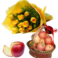 Order for Bhaidooj Gifts to Mumbai take in 2 Kg Apple Basket with 12 Yellow Roses Flower Bouquet to Mumbai
