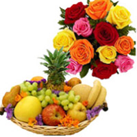 Buy Diwali Gifts consist of 12 Mix Roses Bunch with 1 Kg Fresh Fruits to Mumbai with Basket
